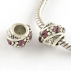 Свет Аметист Баррель античный посеребренные сплав горный хрусталь металлические бусины европейских, бусины с большим отверстием, светлый аметист, 10~11x9 мм, отверстие : 5 мм