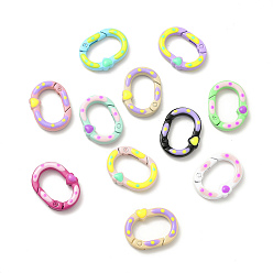 Mixed Color Spray Painted Alloy Spring Gate Rings, Oval Ring with Heart Pattern, Mixed Color, 28x21x6mm