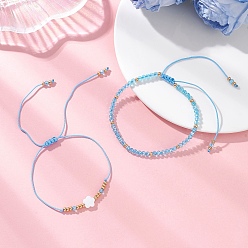 Светло-Голубой 2шт. набор из регулируемых стеклянных бусин и стеклянных бусин для плетения браслетов, украшения из натуральных пресноводных ракушек для женщин, Небесно-голубой, внутренний диаметр: 2.22~3.66 дюйм (5.65~9.3 см)