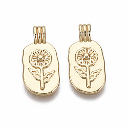 Golden Brass Pendants, Oval with Flower, Nickel Free, Golden, 21x10x4.5mm, Hole: 2mm