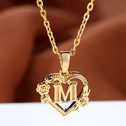 Letter M Цепочка из латуни с подвеской в виде сердца в форме розы и буквы, золотые, Буква М, 17.72 дюйм (45 см)