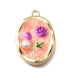 Легкий Лосось Подвески из эмали и сплава, с ABS имитации жемчуга, овальные с цветком, стойки покрытие, долговечный, без свинца, без кадмии и без никеля, золотые, светлый померанцевый, 25.5x18x6 мм, отверстие : 1.8 мм