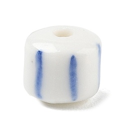 Royal Blue Handmade Porcelain Beads, Column with Stripe Pattern, Hand Painted, Royal Blue, 8.5x10mm, Hole: 2.5mm