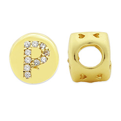 Letter P Brass Micro Pave Clear Cubic Zirconia Beads, Flat Round with Letter, Letter.P, 7.5x6.5mm, Hole: 3.5mm, 3pcs/bag