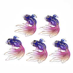 Темно-Синий Акриловые подвески с УФ печатью, с дном распылительной краски, золотая рыбка, темно-синий, 30x25x4 мм, отверстие : 1 мм