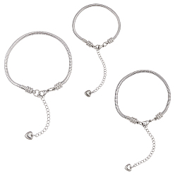 Нержавеющая Сталь Цвет 304 браслеты из европейской круглой змеи из нержавеющей стали, с когтя омара застежкой и сердца прелести, цвет нержавеющей стали, 7-1/2~ 7-7/8 дюйм (19~20 см), 3 шт / коробка