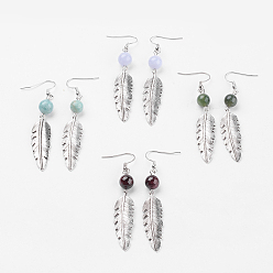 Mixed Stone Natural Gemstone Beads Dangle Earrings, with Tibetan Style Alloy Pendants, Iron Eye Pin and Brass Earring Hooks, Leaf, 70mm, Pin: 0.5mm