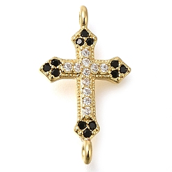 Настоящее золото 16K Подвески-коннекторы из латуни с черным паве и прозрачным кубическим цирконием, религиозные перекрестные ссылки, реальный 16 k позолоченный, 20.5x12x3 мм, отверстие : 1.4 мм