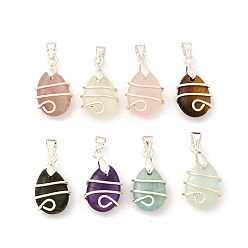 Серебро Подвески из натурального лабрадорита, амазонита, аквамарина, розового кварца, аметиста, тигрового глаза, клубничного кварца и пренита, обмотанные медной проволокой, слезинки, серебряные, 20x12x7 мм, отверстие : 4x3.5 мм