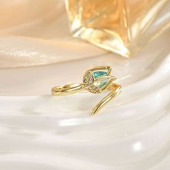 Бирюза Открытые кольца манжеты из латуни с микропаве и кубическим цирконием, Цветок тюльпана, золотые, бирюзовые, 15~20 мм