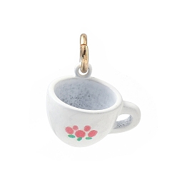 White Spray Painted Brass Charms, Cup with Floral Pattern Charms, Golden, White, 13x15x10mm, Hole: 3.8mm