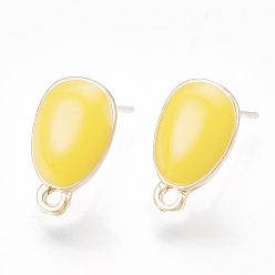 Gold Alloy Stud Earring Findings, with Unplated Pins, Enamel and Loop, Teardrop, Light Gold, Gold, 13x8mm, Hole: 1.4mm, Pin: 0.7mm