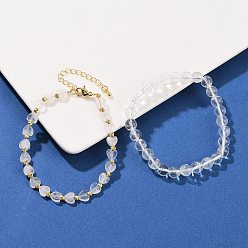 Хрусталь Комплект браслетов из натурального кварцевого хрусталя для женщин, сердце и круглый, с латунной бисера, реальный 18 k позолоченный, долговечный, стойки покрытие, внутренний диаметр: 2-1/8 дюйм (5.5 см) и 7-1/4 дюйм (18.5 см)