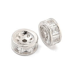 Платинированный 925 бусины из стерлингового серебра с микропаве, прозрачные бусины из кубического циркония, плоско-круглые, Реальная платина, 6.5x3 мм, отверстие : 1 мм