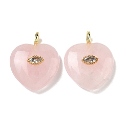 Rose Quartz Natural Rose Quartz Pendants, Heart Charms with Brass Micro Pave Clear Cubic Zirconia Findings, Golden, 31.5~32x25~25.5x9.5~10.5mm, Hole: 4mm