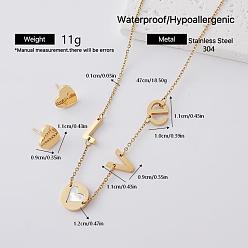 Golden 304 Stainless Steel Stud Heart Earrings & Letter LOVE Necklaces Sets for Women, Golden, 470mm