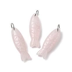 Розовый Кварц Резные подвески из натурального розового кварца, рыбы прелести, с 304 кольцами из нержавеющей стали, цвет нержавеющей стали, 33.5~34.5x10.5x7~7.5 мм, отверстие : 7 мм