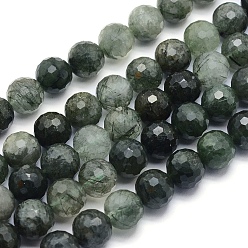 Rutilated Кварц Естественный зеленый Rutilated кварцевые нити бисера, круглые, граненые, 10 мм, отверстие : 1 мм, около 43 шт / нитка, 15.3 дюйм (39 см)