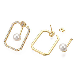Golden Clear Cubic Zirconia Rectangle with Plastic Pearl Front Back Stud Earrings, Brass Jewelry for Women, Nickel Free, Golden, 30.5x22mm, Pin: 0.8mm