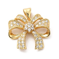 Настоящее золото 18K Покрытие стойки латунь микропаве прозрачные подвески из кубического циркония, долговечный, без кадмия и без свинца, бантом, реальный 18 k позолоченный, 18x20x4.5 мм, отверстие : 3.4x4.4 мм