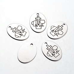 Stainless Steel Color Non-Tarnish Spray Painted 201 Stainless Steel Pendants, Oval with Cross Pattern, Stainless Steel Color, 30x22x1mm, Hole: 3mm