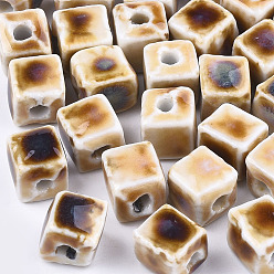 Сэнди Коричневый Фарфоровые бусины ручной работы, фантазии античного стекла фарфора, кубические, песчаный коричневый, 8x7.5~8x7.5~8 мм, отверстие : 1.5~2 мм