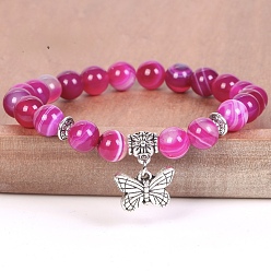 Sardonyx 8MM Round Natural Sardonyx(Dyed & Heated) Beaded Stretch Bracelets with Alloy Butterfly Charms, Antique Silver, Deep Pink, 7.48 inch(19cm)