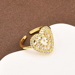 Настоящее золото 18K Манжеты из латуни с микро паве кубический цирконий для женщин, сердце, долговечный, стойки покрытие, реальный 18 k позолоченный, 15.5x15 мм, регулируемый