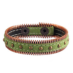 Желто-Зеленый Браслеты из сплава, искусственной кожи, шнура, украшенного заклепками, Регулируемый ретро-браслет с заклепками для женщин и мужчин., античная бронза, желто-зеленый, 8.27 дюйм (21 см)