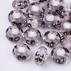 Thistle Handmade Lampwork European Beads, Large Hole Beads, with Silver Color Plated Brass Single Cores, Rondelle, Thistle, 14x7.5mm, Hole: 4mm