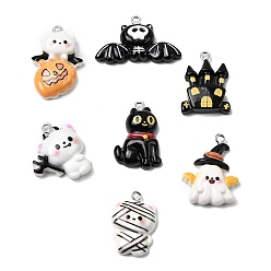 Mixed Shapes Подвески из непрозрачной смолы на Хэллоуин, с платиновыми тоновыми железными петлями, разнообразные, 20~27.5x16.5~33x6~7.5 мм, отверстие : 1.8~2 мм