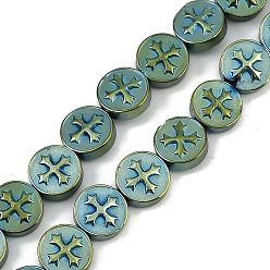 Зеленое Покрытие Гальванические нити из синтетических немагнитных гематитовых бусин, плоские круглые с крестом, зеленый покрытием, 8x3 мм, отверстие : 0.8 мм, около 51 шт / нитка, 15.75'' (40 см)