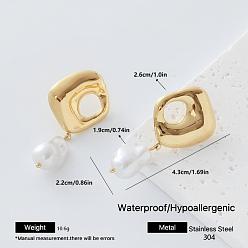 Nuggets 304 Stainless Steel Stud Earrings for Women, with Imitation Pearl, Golden, Nuggets, 43x22mm