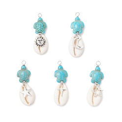 Бирюза 5 шт. 5 стили подвески из натуральной раковины каури и окрашенной синтетической бирюзы в виде черепахи, обмотанные медной проволокой, с подвесками из сплава солнца, луны и звезд, старинное серебро и платина, бирюзовые, 47x14.5x7.5 мм, отверстие : 3 мм, 1 шт / стиль