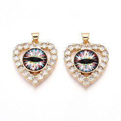 Разноцветный Латунные подвески с микропаве из прозрачных кубических цирконий для женщин, Сердце с глаз, cmолой, реальный 18 k позолоченный, красочный, 25~25.5x22.5~23x7 мм, отверстие : 3.5x4.5~5 мм