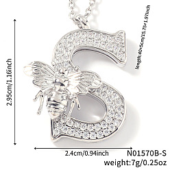 Letter S Ожерелья с подвесками из латуни с прозрачным кубическим цирконием и микропаве, платина, Письмо с, 15.75 дюйм (40 см), Кулон : 29.5x24 мм