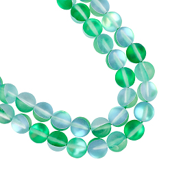 Green Synthetic Moonstone Beads Strands, Holographic Beads, Dyed, Frosted, Round, Green, 8mm, Hole: 0.7mm, about 48pcs/strand, 15 inch(38.1cm), 2strands/box