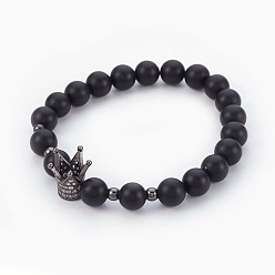 Gunmetal Natural Black Agate(Dyed) Beads Stretch Bracelets, with Brass Micro Pave Cubic Zirconia Beads, Crown, Clear, Gunmetal, 2-1/8 inch(5.5cm)