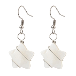 White Natural Freshwater Shell Star Dangle Earrings, Platinum Tone Copper Wire Wrap Earring for Women, White, 42mm, Pin: 0.6mm