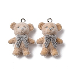 Светло-коричневый Флокированные подвески из непрозрачной смолы, мишка с подвеской-бантом, с железной платиной петлей, загар, 29.5x25x12 мм, отверстие : 2 мм