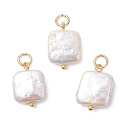 Золотой Подвески из натурального жемчуга кеши, квадратные подвески с латунными петлями и 304 открытыми соединительными кольцами из нержавеющей стали, цвет морской раковины, золотые, 15~16x11~11.5x4~4.5 мм, отверстие : 3 мм