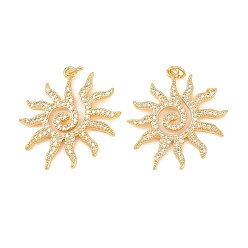 Настоящее золото 18K Латунные микропаве прозрачные подвески с фианитом, солнечные чары, стойки покрытие, долговечный, без свинца и без кадмия, реальный 18 k позолоченный, 29.5x27.5x2 мм, Перейти кольцо: 5x0.8 мм, внутренний диаметр: 3.4 мм