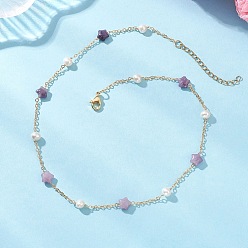 Лепидолит Ожерелья из цепочек с натуральным лепидолитом, натуральным пресноводным жемчугом и латунью, золотые, 15.75 дюйм (40 см)