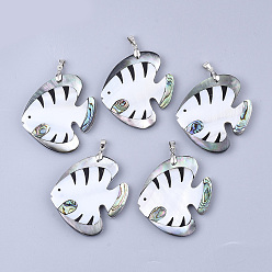 Seashell Color Shell Big Pendants, with Brass Findings, Fish, Platinum, Seashell Color, 53~54x46~48x4~5mm, Hole: 6x4mm