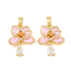 Pink Brass Micro Pave Clear Cubic Zirconia Pendants, with Enamel, Flower with Teardrop Charms, Real 18K Gold Plated, Pink, 19x15x4.5mm, Hole: 5x3mm