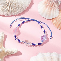 Темно-Синий Регулируемые браслеты из нейлонового шнура с плетеными бусинами, браслеты из стеклянных бусин-ракушек для женщин, со стеклянными бисеринами, темно-синий, внутренний диаметр: 1-7/8~3-3/8 дюйм (4.8~8.6 см)