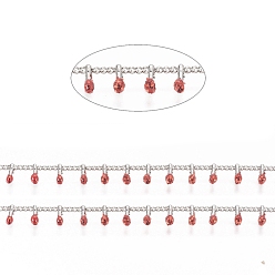 Red Brass Handmade Beaded Chain, Curb Chains, Cadmium Free & Lead Free, with Enamel, Long-Lasting Plated, Unwelded, with Spool, Red, 2x1.5x0.8mm, Charm: 6x2x2mm, about 32.8 Feet(10m)/roll