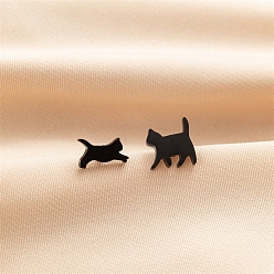 Черный Серьги шпилька нержавеющая сталь, асимметричные серьги в форме кошки, чёрные, 5x10 мм