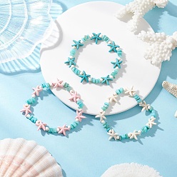 (52) Непрозрачная лаванда 3 шт. 3 цвета синтетической бирюзы и натуральных пресноводных ракушек, эластичные браслеты для женщин, морская звезда, разноцветные, внутренний диаметр: 2-1/4 дюйм (5.7 см)