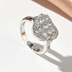 Платина Открытые кольца манжеты из латуни с микропаве и кубическим цирконием, сердце, без кадмия и без свинца, стойки покрытие, долговечный, платина, 12 мм, размер США 6 (16.5 мм)